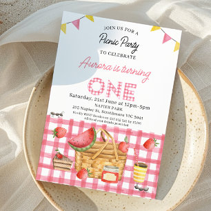 Roze Gingham Bunting Vlaggen Picknick 1e Verjaarda Kaart