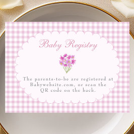 Roze Gingham Cadeauwenskaart QR Code Baby Shower Informatiekaartje