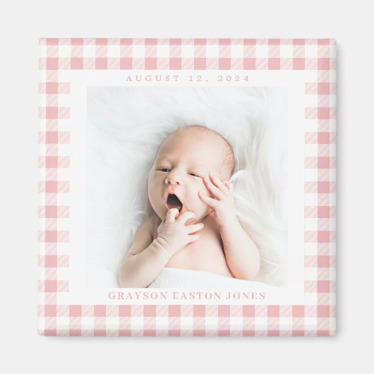 Roze Gingham Check Baby Birthdate Magnet (Voorkant)