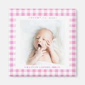 Roze Gingham Check Baby Birthdate Magnet (Voorkant)