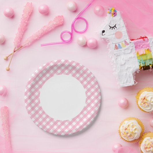 Roze Gingham Check Patroon 2 Papieren Bordje (Feest)