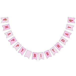 Roze Gingham Checker Aardbei Verjaardag Vlaggetjes