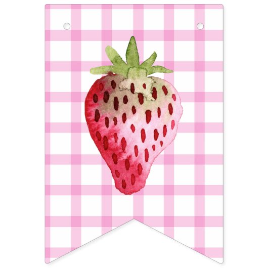 Roze Gingham Checker Aardbei Verjaardag Vlaggetjes (Eerste vlag)