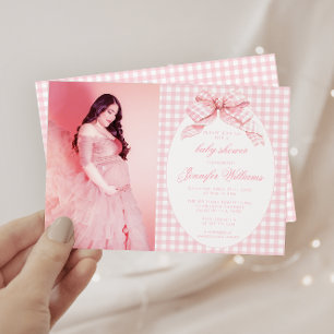 Roze Gingham Coquette Bow Baby Meisje Douche Foto Kaart