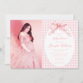 Roze Gingham Coquette Bow Baby Meisje Douche Foto Kaart (Voorkant)