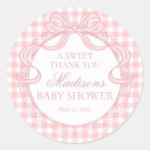 Roze Gingham Coquette Strik Baby Shower Favorietje Ronde Sticker