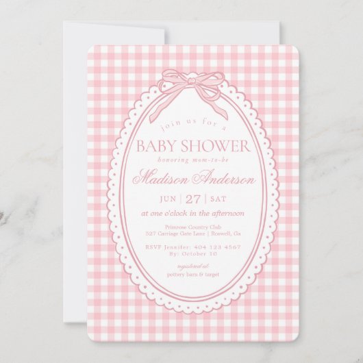 Roze Gingham Coquette Strik Babyshower Kaart (Voorkant)