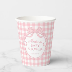 Roze Gingham Coquette Strik Babyshower Papieren Bekers