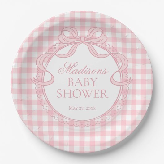 Roze Gingham Coquette Strik Babyshower Papieren Bordje (Voorkant)