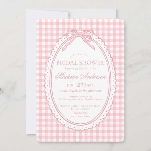 Roze Gingham Coquette Strik Bruidsdouche Kaart (Voorkant)