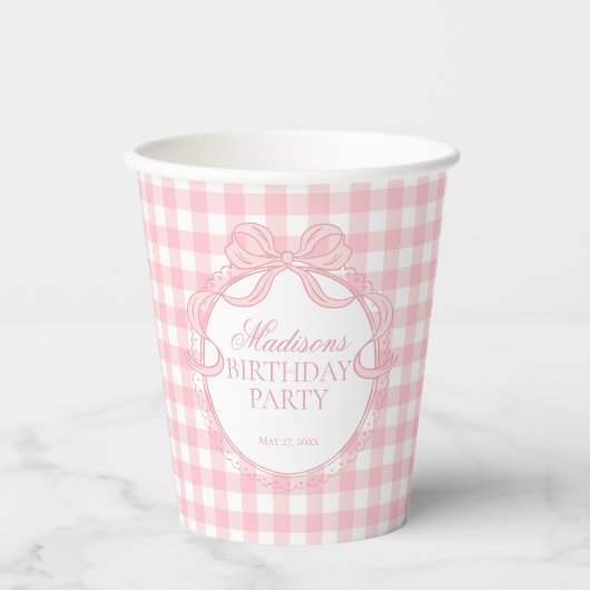 Roze Gingham Coquette Strik Bruidsdouche Papieren Bekers (Voorkant)