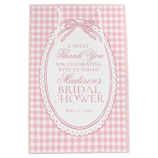 Roze Gingham Coquette Strik Bruidsfeest Favoren Medium Cadeauzakje (Voorkant)