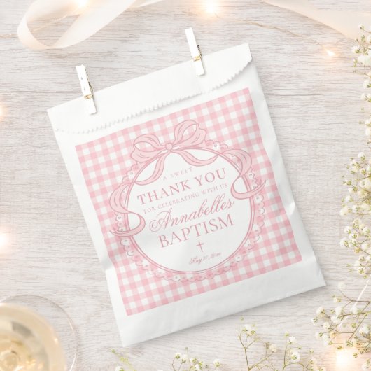 Roze Gingham Coquette Strik Doop Dessert Bedankzakje (Geknipt)