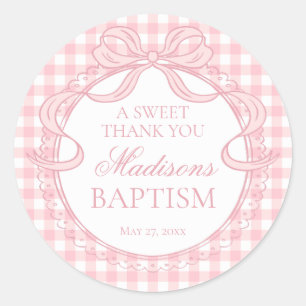 Roze Gingham Coquette Strik Doop Favoriet Ronde Sticker