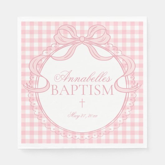 Roze Gingham Coquette Strik Doop Tafel Decoratie Servet (Voorkant)