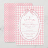 Roze Gingham Coquette Strik Doopfeestje Kaart (Voorkant / Achterkant)