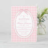 Roze Gingham Coquette Strik Doopfeestje Kaart (Staand voorkant)