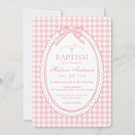 Roze Gingham Coquette Strik Doopfeestje Kaart
