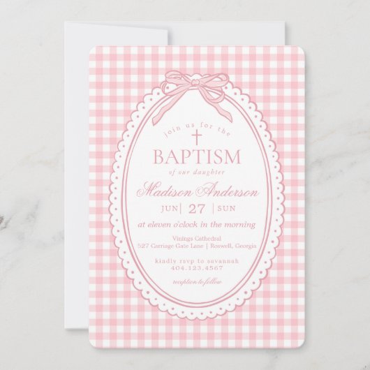 Roze Gingham Coquette Strik Doopfeestje Kaart (Voorkant)