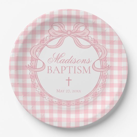 Roze Gingham Coquette Strik Doopfeestje Papieren Bordje (Voorkant)