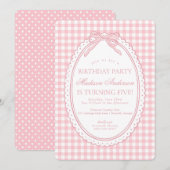 Roze Gingham Coquette Strik Verjaardagsfeestje Kaart (Voorkant / Achterkant)