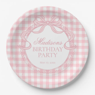 Roze Gingham Coquette Strik Verjaardagsfeestje Papieren Bordje