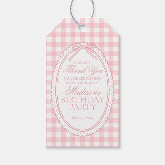 Roze Gingham Coquette Strik Verjaardagsfeestjes Fa Cadeaulabel (Voorkant)