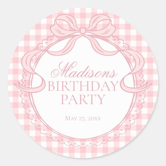 Roze Gingham Coquette Strik Verjaardagszegel Ronde Sticker (Voorkant)