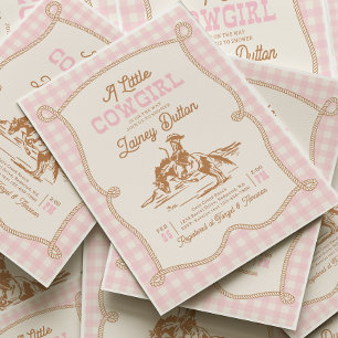Roze Gingham Cowgirl Baby Shower Uitnodiging