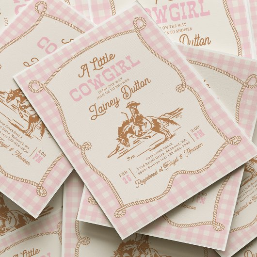 Roze Gingham Cowgirl Baby Shower Uitnodiging