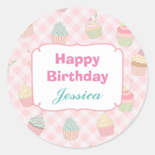 Roze Gingham Cupcake Aangepaste verjaardag Ronde Sticker