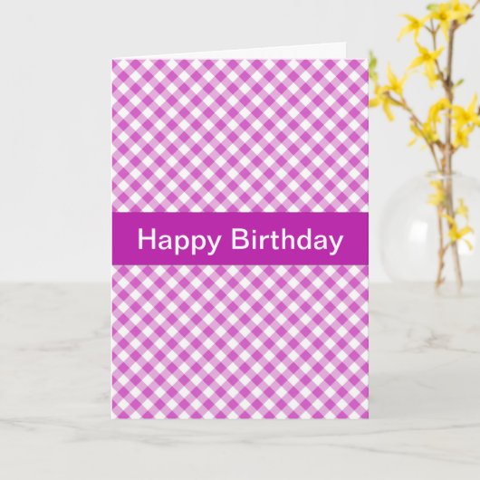 Roze Gingham Custom Birthday Kaart (Gele Bloem)