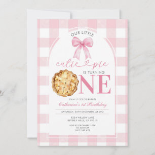 Roze Gingham Cutie Pie Eerste Verjaardagsuitnodigi Kaart