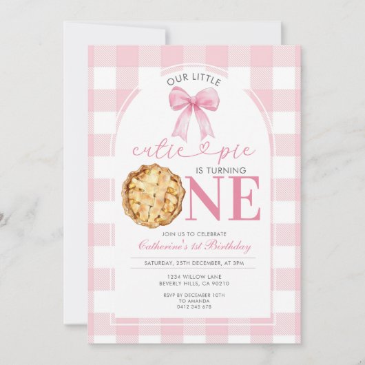 Roze Gingham Cutie Pie Eerste Verjaardagsuitnodigi Kaart (Voorkant)
