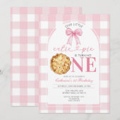 Roze Gingham Cutie Pie Eerste Verjaardagsuitnodigi Kaart (Voorkant / Achterkant)