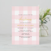 Roze Gingham Doop Folie Uitnodiging (Staand Voorkant)