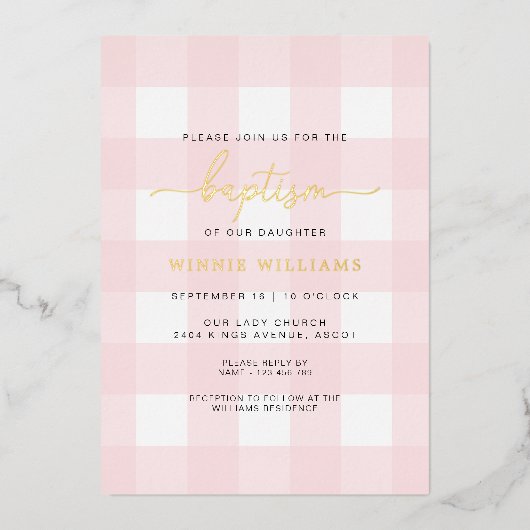 Roze Gingham Doop Gouden Folie Uitnodiging (Voorkant)