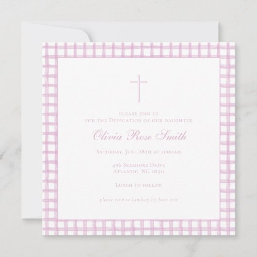 Roze Gingham Doop Uitnodiging (Voorkant)