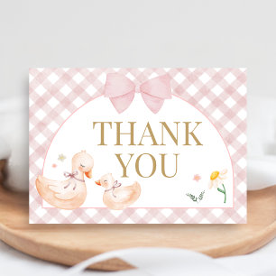 Roze Gingham Dwaze Gans Baby Shower Bedankkaart