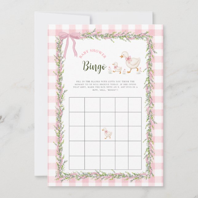 Roze Gingham Dwaze Gans Baby Shower Bingo Spel (Voorkant)