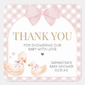 Roze Gingham Dwaze Gans Baby Shower Vierkante Sticker (Voorkant)