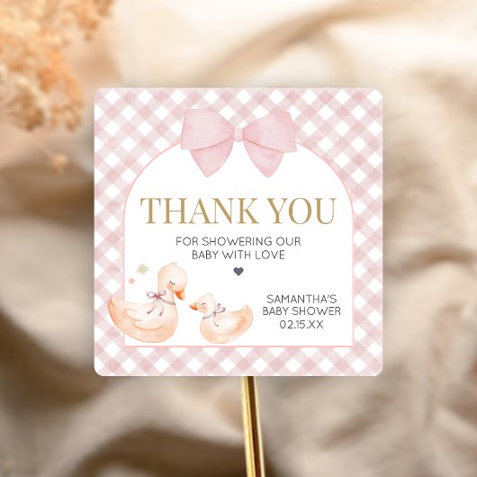 Roze Gingham Dwaze Gans Baby Shower Vierkante Sticker