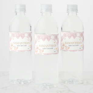 Roze Gingham Dwaze Gans Baby Shower Waterfles Etiket