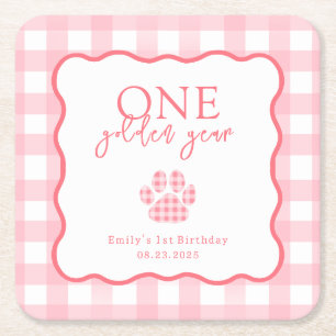 Roze Gingham Eén Gouden Jaar Meisjes Eerste Verjaa Kartonnen Onderzetters