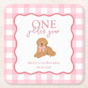 Roze Gingham Eén Gouden Jaar Meisjes Eerste Verjaa Kartonnen Onderzetters