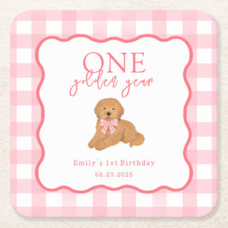 Roze Gingham Eén Gouden Jaar Meisjes Eerste Verjaa Kartonnen Onderzetters