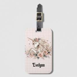 Roze Gingham Eenhoorn Bloemen Pastel Bagage Label