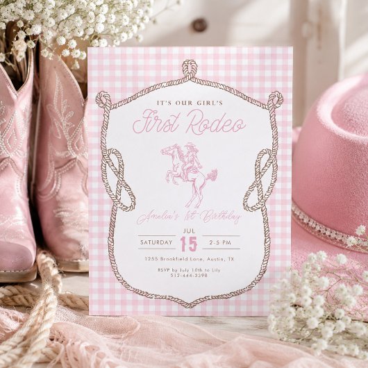 Roze Gingham Eerste Rodeo 1e Verjaardag Cowboy Kaart