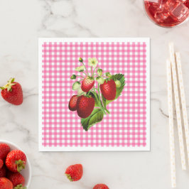 Roze gingham en aardbeien Lunch Paper Napkin Servet