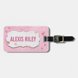 roze gingham en bloem met schuine label bagagelabel